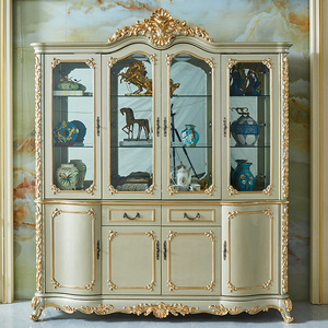 欧式酒柜2米大客厅靠墙酒柜四门玻璃展示柜法式实木别墅金箔酒柜