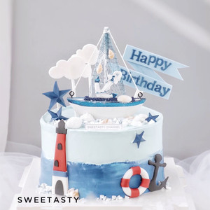 蓝色帆船蛋糕装饰地中海风格小帆船一帆风顺船锚渔网帆船小船摆件