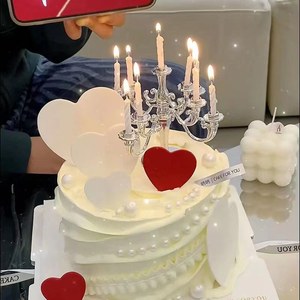 情人节网红蛋糕装饰银色烛台蜡烛爱心亚克力红色白色蛋糕插件插牌