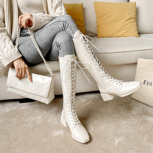 春秋马丁靴显瘦系带高筒靴子白色长筒骑士靴女2021年秋冬新款长靴
