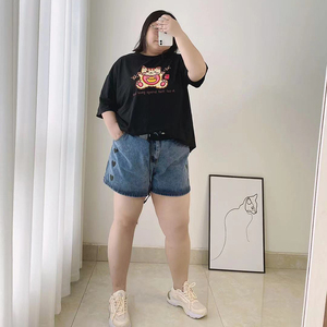 2021夏季新款胖mm200斤爱心牛仔短裤直筒阔腿宽松百搭腰带女装