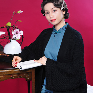 高级感配旗袍的外搭披肩黑色针织开衫毛衣外套慵懒宽松复古秋冬女