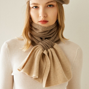 羊绒围巾女秋冬保暖新款交叉针织围脖100山羊绒拼色百搭简约围巾
