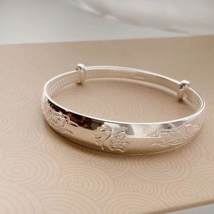 正生银饰光面老人福字纯银手镯女999足银双鱼实心银镯子节日礼物