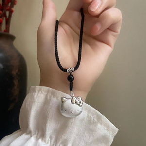 999纯银猫咪项链女可爱凯蒂猫吊坠甜美儿童大人编织黑绳生日礼