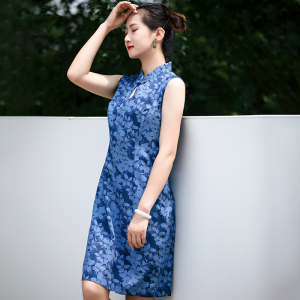 琵琶领 绢纺真丝旗袍连衣裙 无袖中长款裙子 显瘦旗袍裙 中式立领