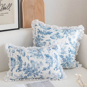 法式复古抱枕套沙发靠垫蓝色印花美式腰枕棉麻欧式床头靠枕长方形