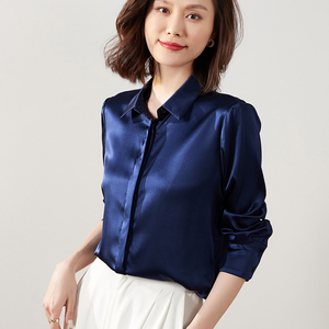 2022春夏新款重磅真丝衬衫女藏蓝色高端名牌桑蚕丝贵夫人衬衣上衣