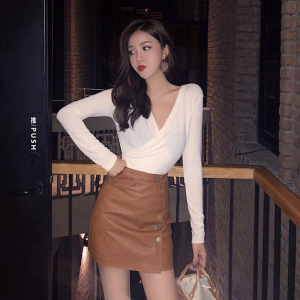 深v领t恤女长袖收腰