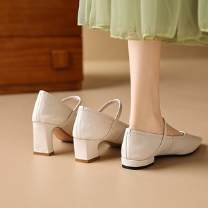 超软小羊皮单鞋女2024新款新中式高跟鞋粗跟配裙子一字带玛丽珍鞋