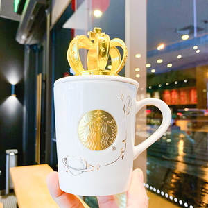 星巴克杯子2021年情人节皇冠陶瓷人鱼铜牌马克杯家用带盖咖啡水杯