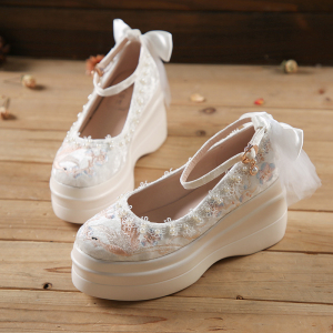 网纱绣花鞋女款夏季配旗袍高跟鞋厚底坡跟凉鞋古风汉服鞋子80人付款