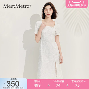 MeetMetro玛依尔设计感提花新中式连衣裙女装2024荷叶袖甜美裙子