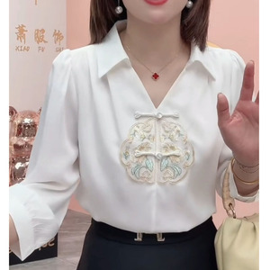 新中式国风刺绣缎面衬衫女高级感衬衣2024春夏新款时尚设计感上衣