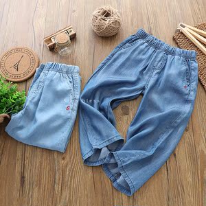 儿童八分裤 18年夏新外贸单 男女童宽松天丝棉牛仔阔腿裤 过膝裤