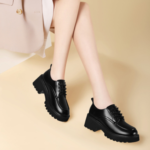 黑色皮鞋女真皮中跟大头鞋系带春秋厚底牛皮软底品牌妈妈深口单鞋
