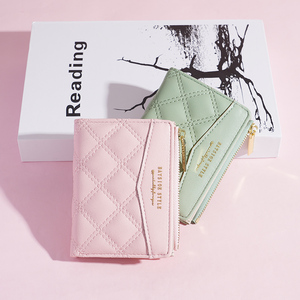 新款短款折叠小钱包女式小众设计韩版时尚ins菱格子车缝线钱夹包