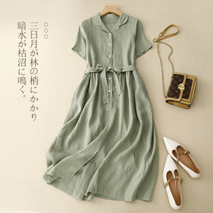 纯亚麻衬衫式连衣裙女夏季轻薄透气宽松大码显瘦系带纯色麻料长裙