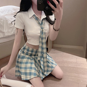 高腰百褶短裙女夏季性感爵士短款上衣学院风格子半身裙jk制服套装