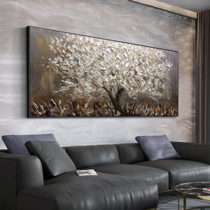 手绘油画客厅横版装饰画沙发背景墙现代简约轻奢灰色系发财树挂画
