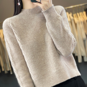 100%羊毛衫冬季超短款半高领韩版女高腰毛衣宽松小款短版打底衫