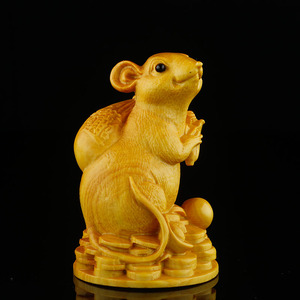 黄杨木雕刻手把件文玩把玩件实木小动物汽车摆件招财进宝生肖老鼠