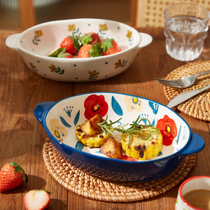 芝士焗饭碗家用陶瓷餐具椭圆双耳焗饭盘子微博炉烤箱用创意焗烤盘