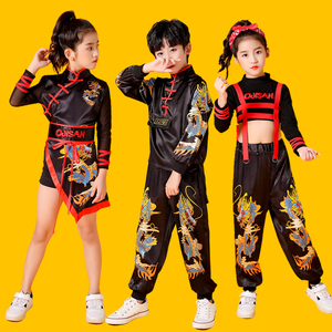 儿童中国风爵士舞演出服国潮嘻哈服 男女童街舞t台走秀旗袍表演服