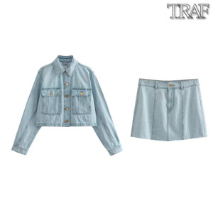 TRAF 欧美风外贸女装新款短款牛仔夹克外套短裙套装1416039