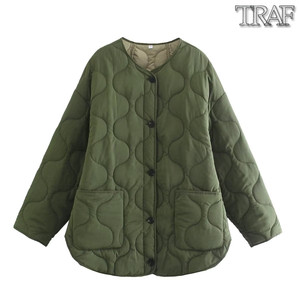 TRAF 欧美风新款外贸女装时尚休闲V领单排扣宽松长袖军绿色棉衣