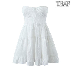 TRAF 欧美风新款外贸女装法式性感系带叠层裹胸饰蕾丝连衣裙