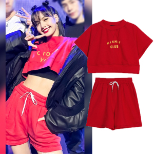 青春有你情人舞台lisa同款红色套装女时尚两件套衣服舞蹈服演出服