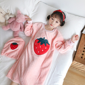 女童睡裙秋冬季长款加厚珊瑚绒公主草莓保暖儿童睡衣法兰绒家居服