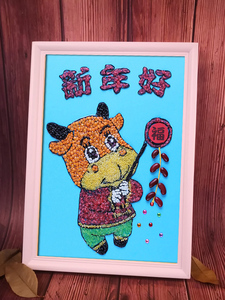 春节新年牛年豆子粘贴画豆豆画五谷粮食画幼儿园diy手工材料