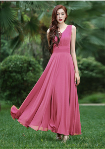 粉色雪纺连衣裙女2022年夏季新款到脚裸裙子显瘦显高大摆沙滩裙子