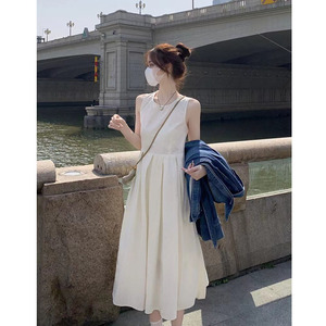 连衣裙2024新款夏季法式浪漫收腰气质小个子无袖绝美仙女白色长裙