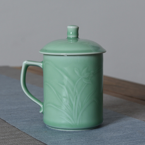 青瓷大茶杯办公室大号陶瓷带盖兰花杯高档礼品定做情侣送礼专用杯