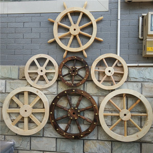 原木色复古木车轮实木挂件墙面背景装饰品碳化木头轮子方档木轱辘