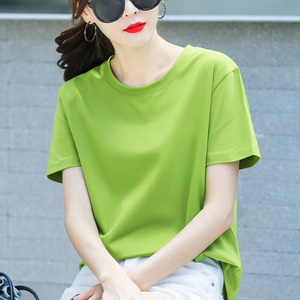 2022年夏装新款韩版宽松大码纯棉短袖t恤女装夏季半袖抹茶色上衣