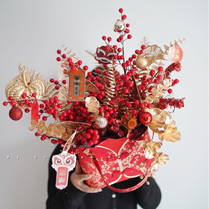 2022新年年宵花银柳礼品包装空盒喜庆用品醉美中华手提圆桶花篮