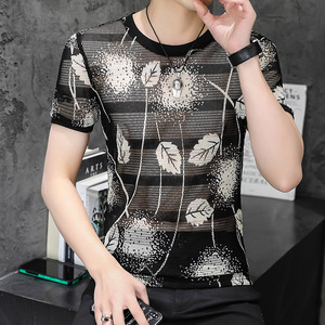 夏天精神社会小伙冰丝短袖t恤男生网眼透气衣服性感痞帅骚气半袖t