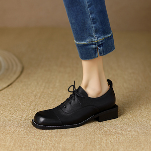 真皮方跟方头系带女士休闲皮鞋中跟粗跟单鞋深口秋季复古女鞋牛皮