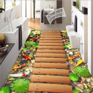 卫生间瓷砖地砖厨房阳台花园瓷砖木板桥荷花鲤鱼石头3d地板立体画