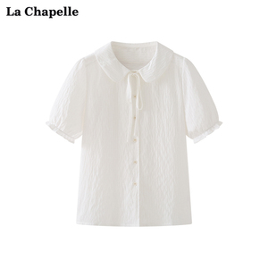 拉夏贝尔/La Chapelle翻领条纹系带短袖小衫女娃娃脸肌理感衬衣夏