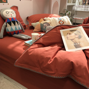 ins水洗棉北欧红色纯色床上四件套全棉纯棉文艺1.5m1.8米被套床单