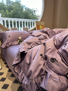 轻奢舒适100支刺绣紫玫瑰少女荷叶边四件套全棉1.5m1.8米床单被套