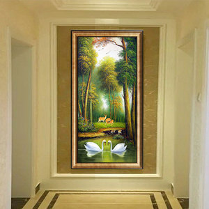 高档美式玄关装饰画竖版走廊过道挂画欧式客厅画风景天鹅壁画墙画