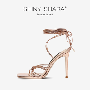 Shiny Shara/诗莎2024新款金色绑带高跟鞋方头细跟高跟凉鞋女夏季