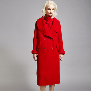 清仓 纽约故事 商场同款时尚翻领含羊毛大衣呢子红色外套女
