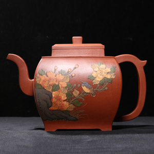 台湾回流观赏拍卖级老紫砂壶独品超大品泥绘牡丹花开四方壶